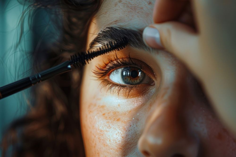 Photo of a woman apply mascara to her eyelash cosmetics person device.