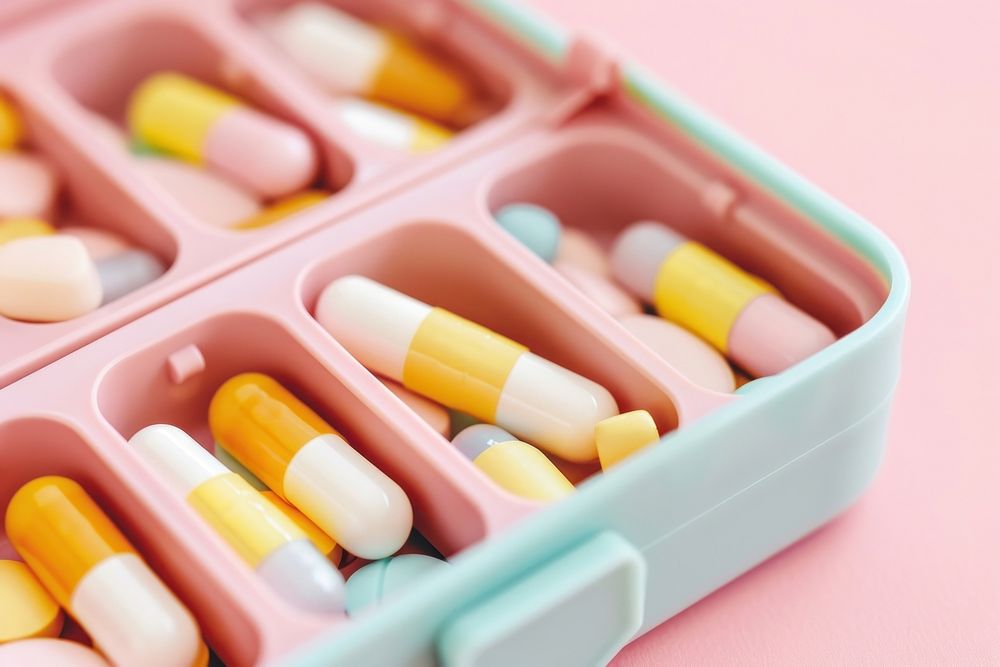 A box for pills organizer with pastel capsules medication.