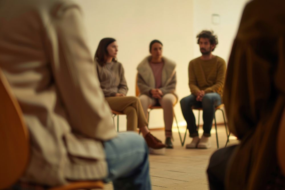 Photo of a group of 5 people seat in therapy session room conversation furniture.