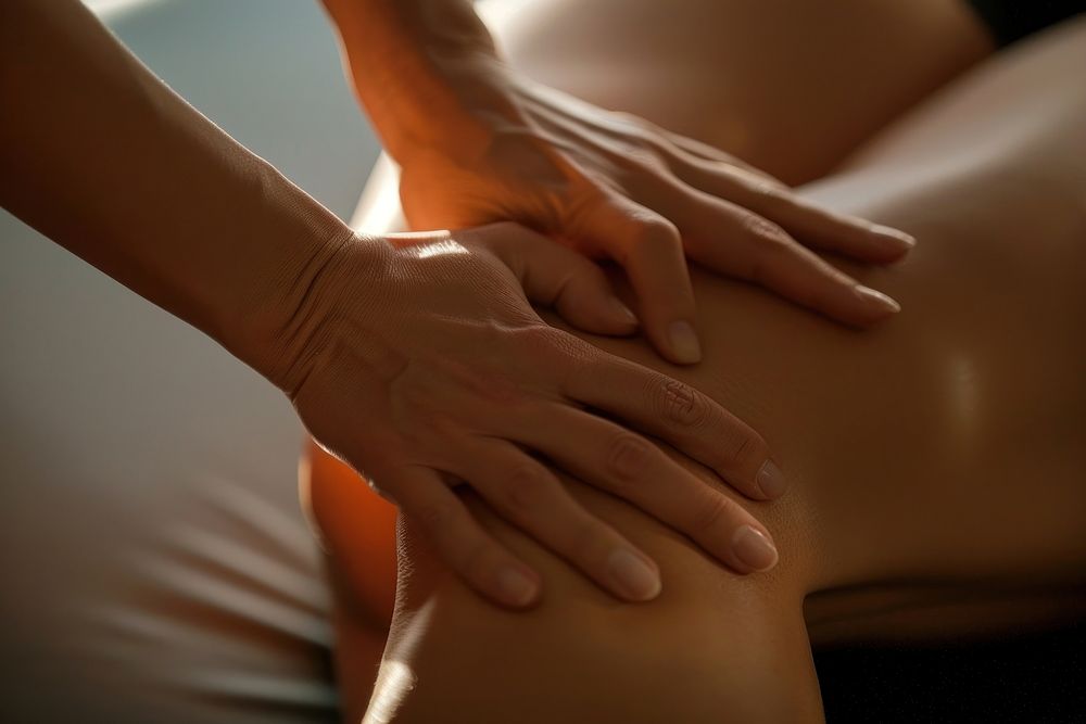 Massage therapist hand move leg of a client therapy patient person.