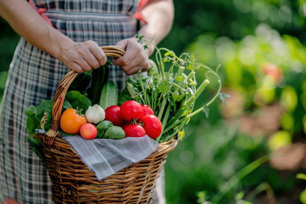 Woman hand carry handle of a basket full of fresh vegetables garden recreation gardening.