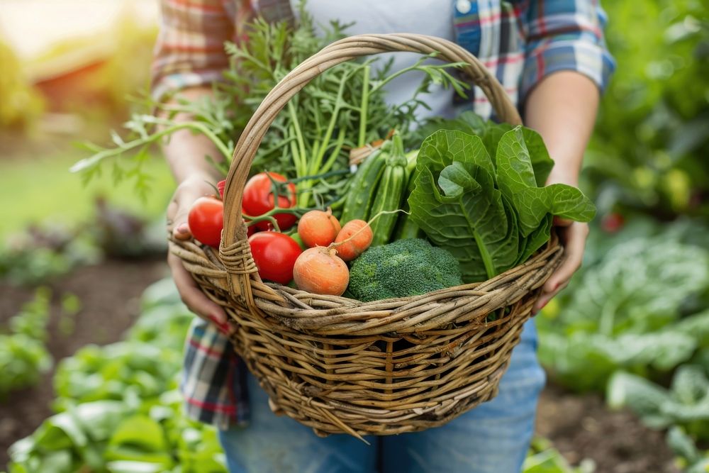 Woman hands holding a basket full of fresh vegetables garden gardening outdoors.