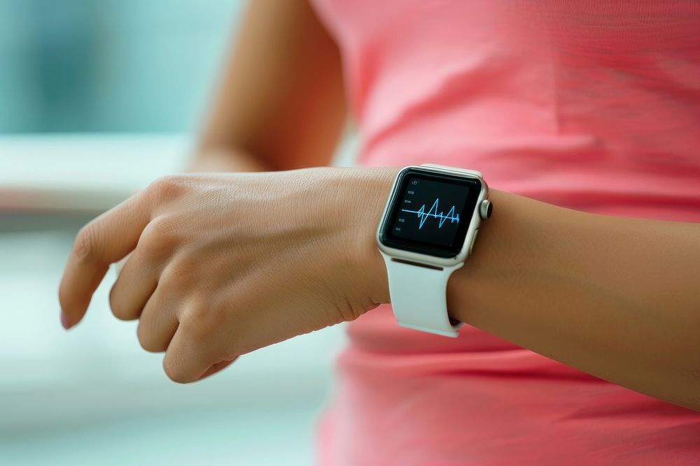 Woman waist touch her smart watch for a pulse trace electronics wristwatch hardware.