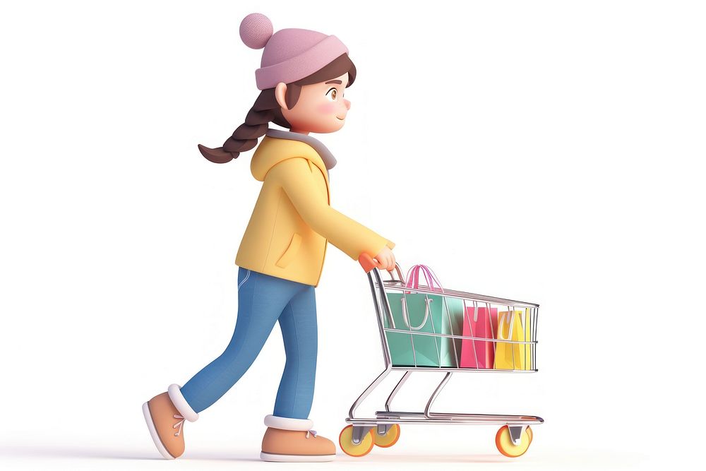 3D Illustration of woman shopping shopping cart clothing.