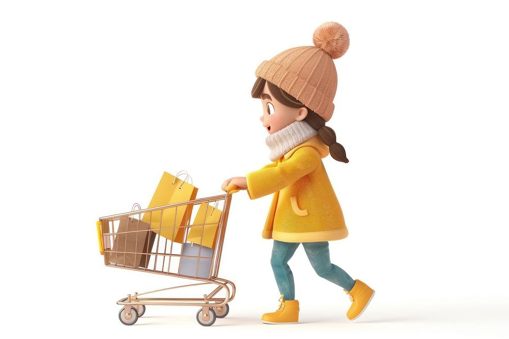 3D Illustration of woman shopping shopping cart accessories.