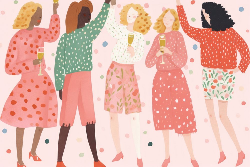A group of women are holding hands and drinking champagne pattern pink togetherness.