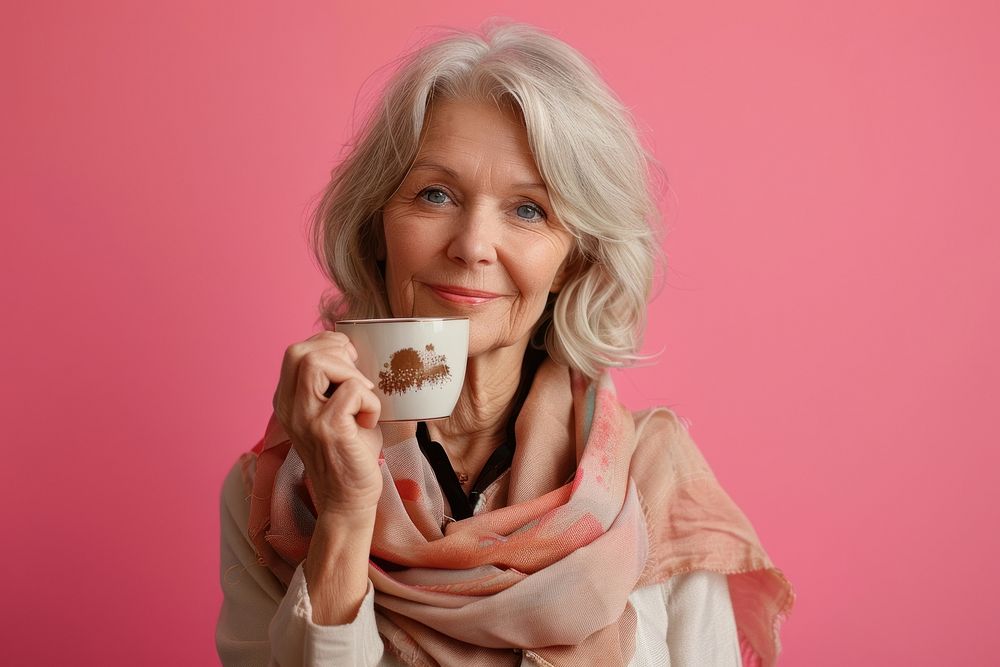 Mature woman coffee photo drink.
