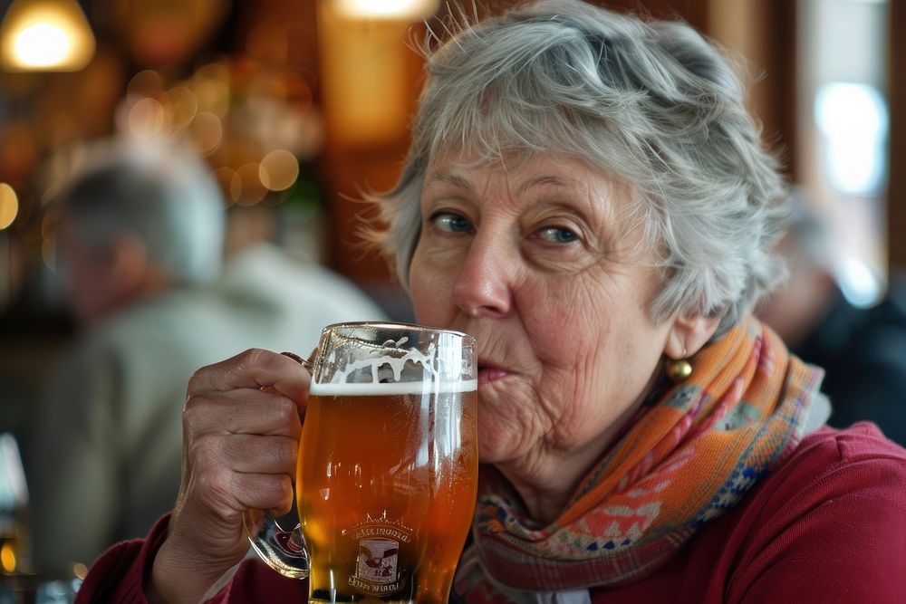 Mature woman drinking beer beverage.