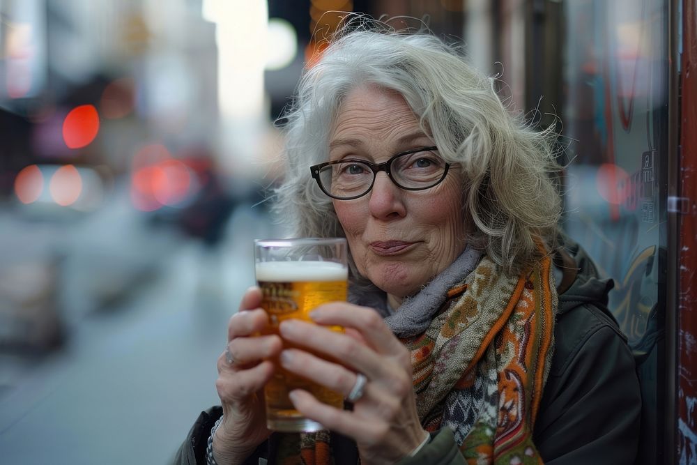 Mature woman drinking photo beer.