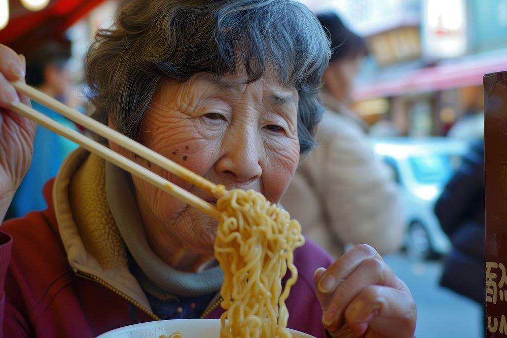 Mature woman eating transportation chopsticks.