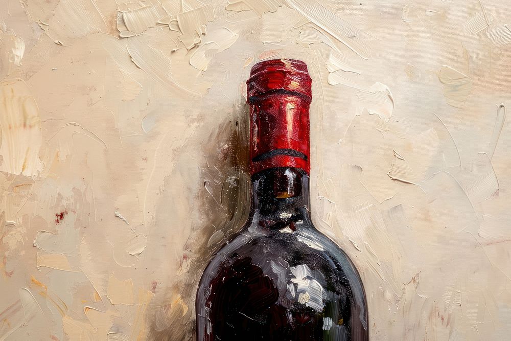 Oil painting of a close up on pale wine bottle drink refreshment container.