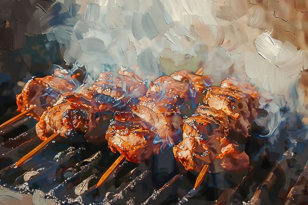 Oil painting of a close up on pale bbq grilling cooking meat.