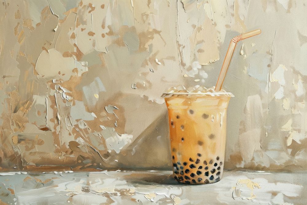 Oil painting of a close up on pale bubble tea drink refreshment disposable.