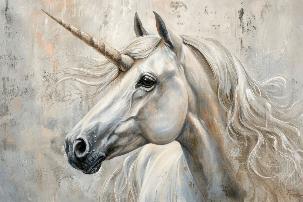 Oil painting of a close up on pale unicorn drawing animal mammal.