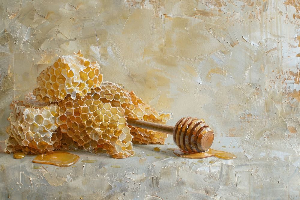 Oil painting of a close up on pale honey honeycomb food apiculture.