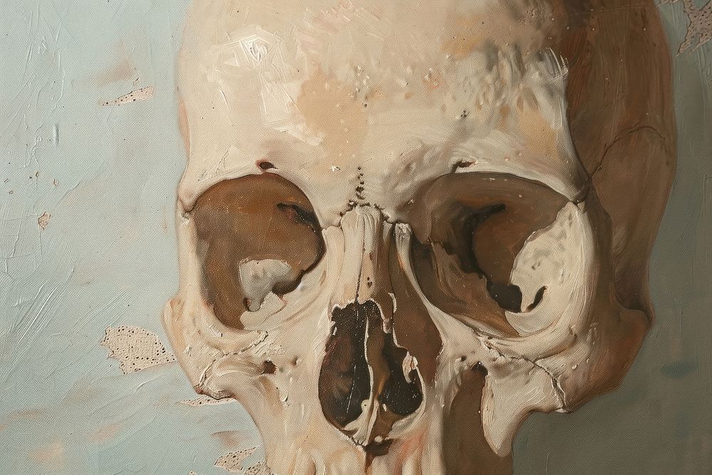 Oil painting of a close up on pale skull drawing art sculpture.