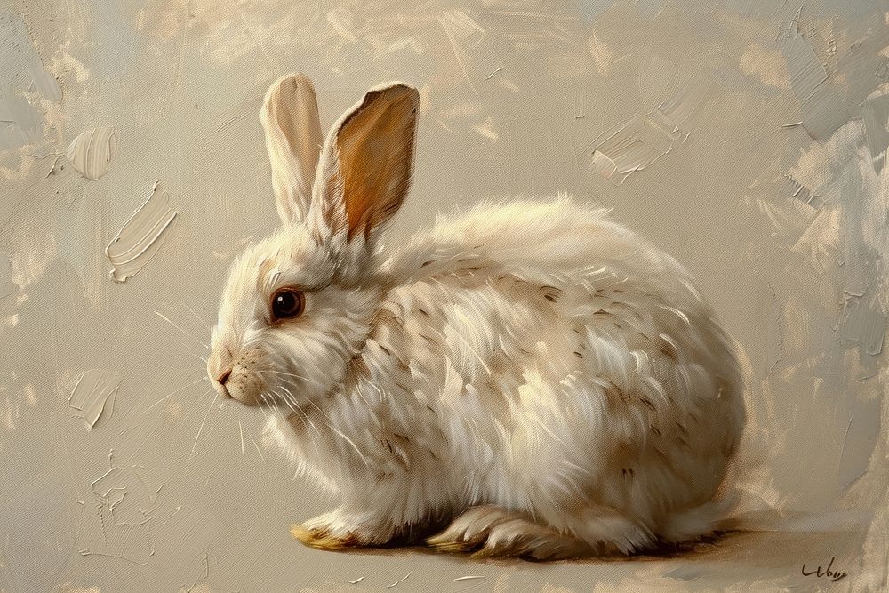 Oil painting of a close up on pale rabbit animal mammal rodent.