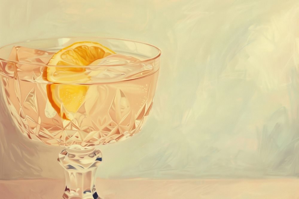 Oil painting of a close up on pale cocktail drink fruit lemon.