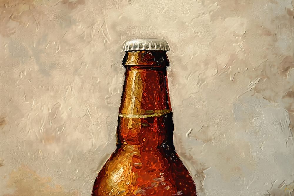 Oil painting of a close up on pale beer bottle drink refreshment container.