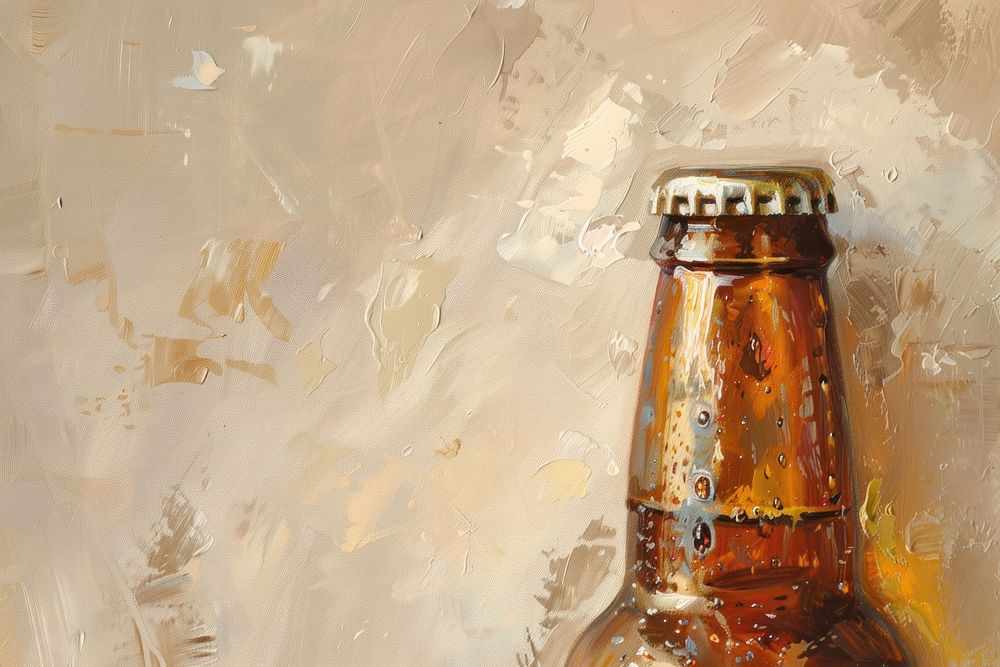 Oil painting of a close up on pale beer bottle glass drink condensation.
