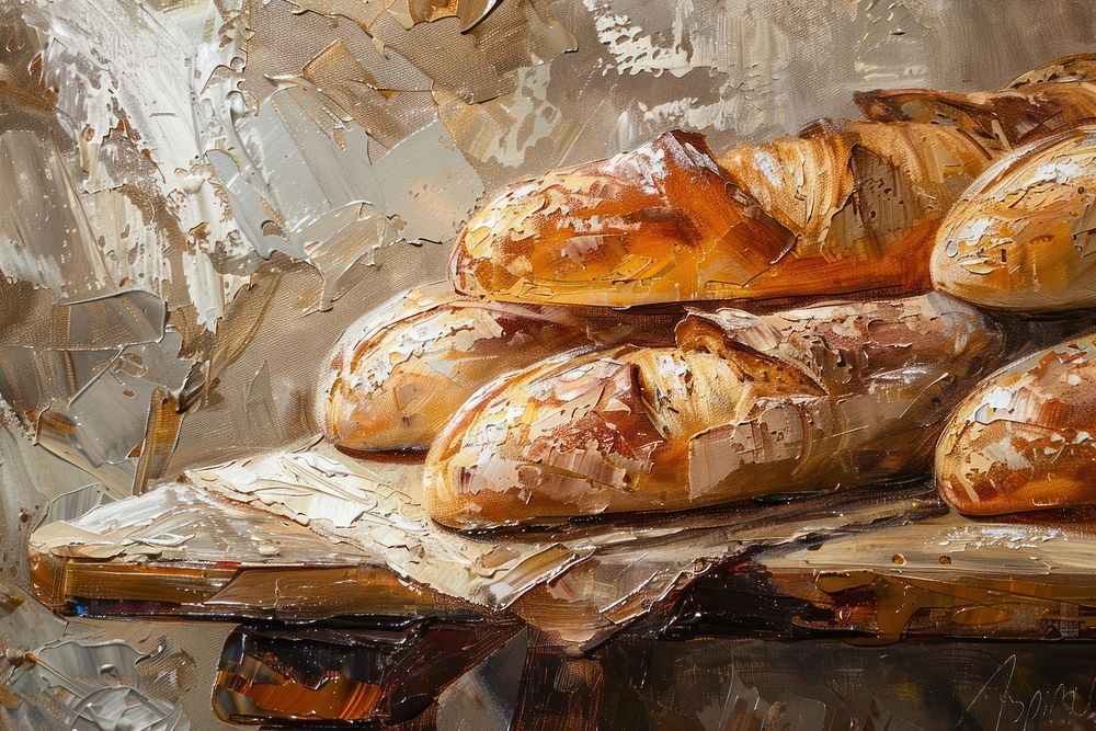 Oil painting of a close up on pale bakery bread food viennoiserie.
