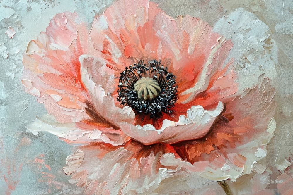Oil painting of a close up on pale poppy backgrounds flower petal.