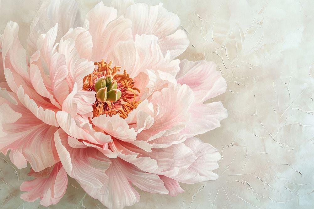 Oil painting of a close up on pale peony backgrounds flower petal.