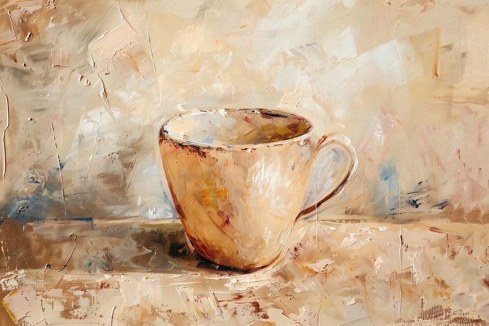 Oil painting of a close up on pale coffee cup drawing saucer drink.