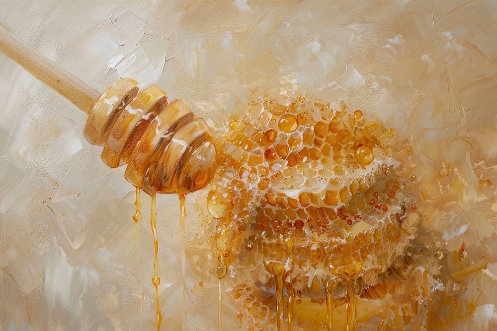 Oil painting of a close up on pale honey backgrounds honeycomb freshness.
