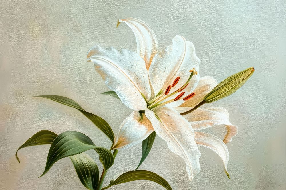 Oil painting of a close up on pale lily flower petal plant.