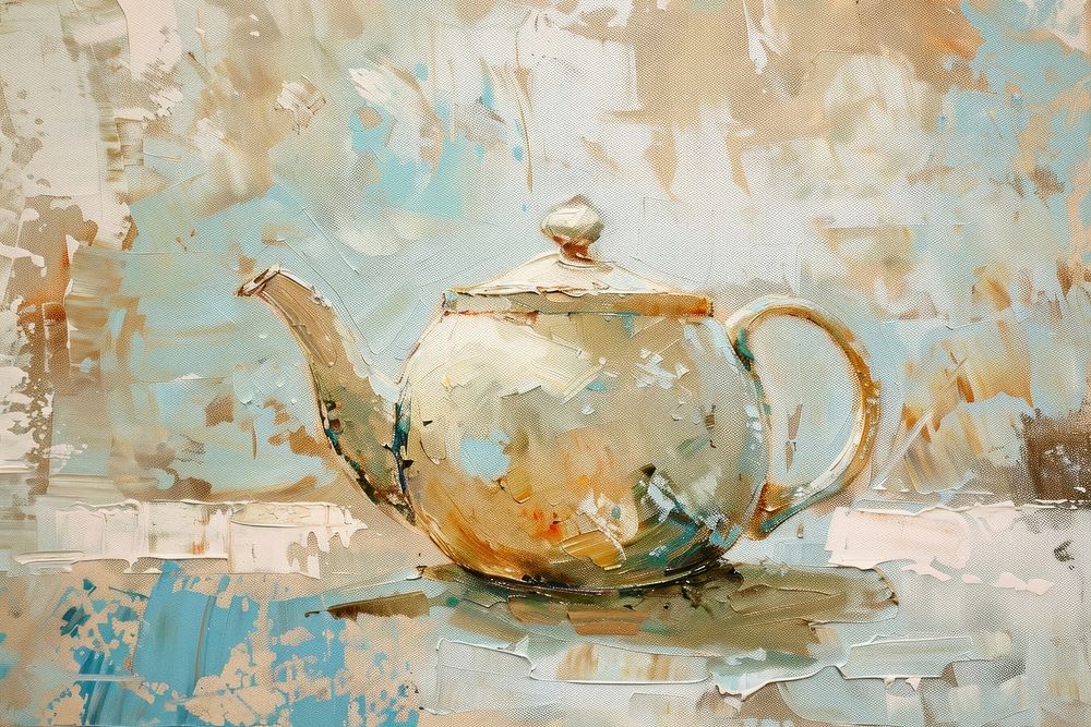 Oil painting of a close up on pale teapot drawing art refreshment.