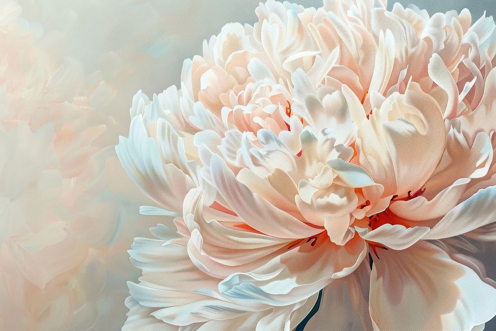 Oil painting of a close up on pale peony backgrounds blossom flower.