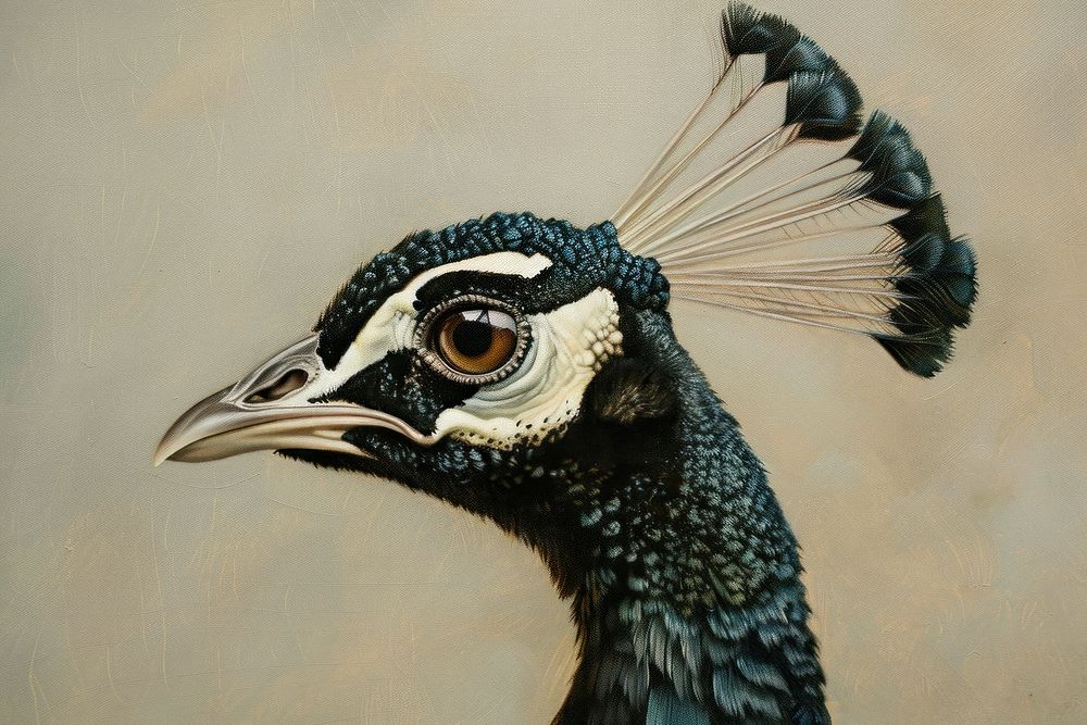 Oil painting of a close up on pale peacock drawing animal bird.