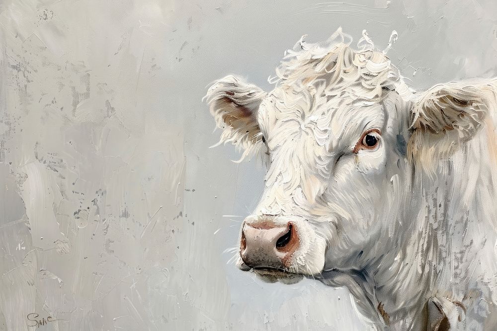 Oil painting of a close up on pale cow livestock drawing mammal.