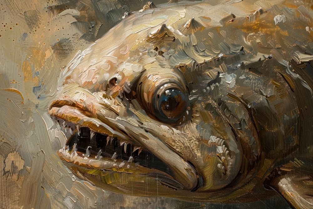 Oil painting of a close up on pale monster animal fish underwater.