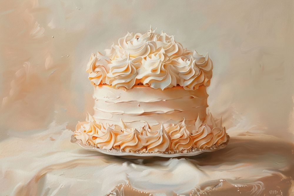 Oil painting of a close up on pale cake dessert icing cream.