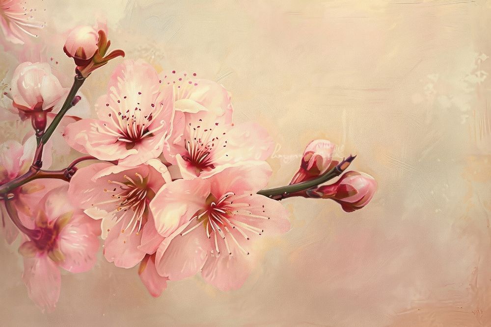 Oil painting of a close up on pale cherry blossom flower plant art.