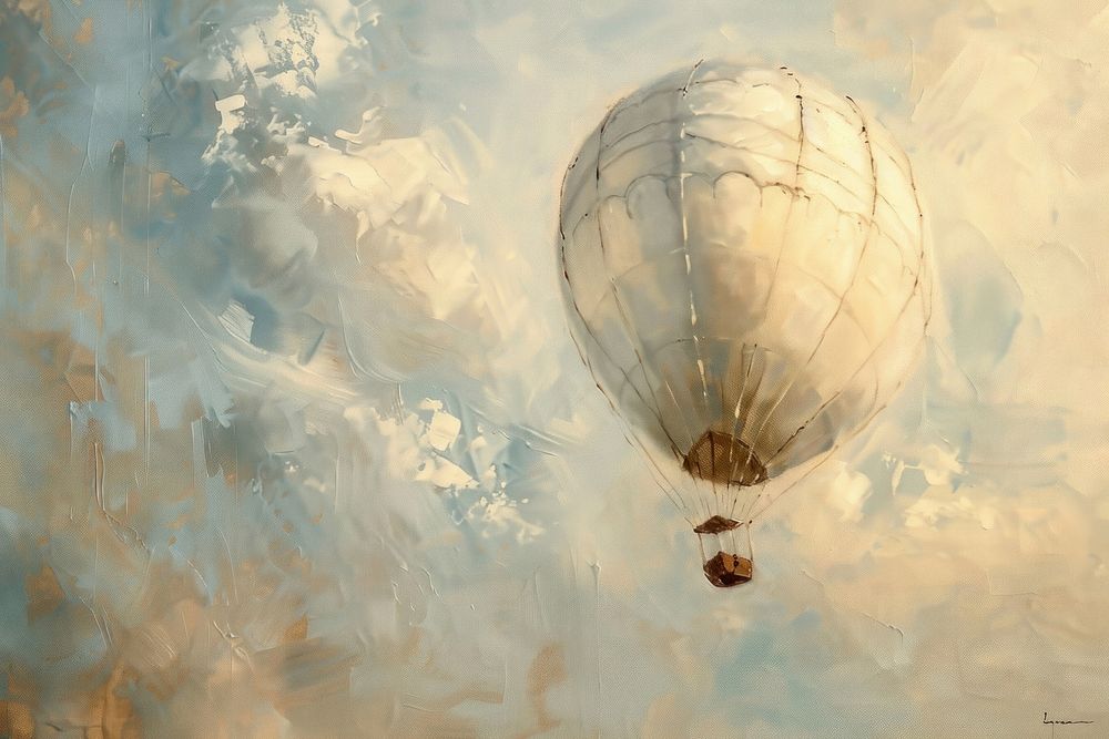 Oil painting of a close up on pale air balloon backgrounds aircraft outdoors.