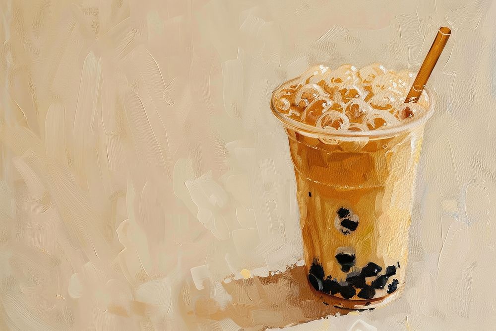 Oil painting of a close up on pale bubble tea drink refreshment milkshake.