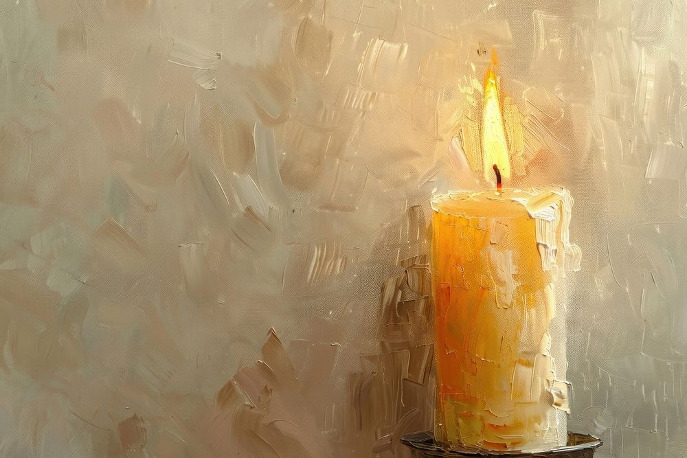 Oil painting of a close up on pale candle lighting glowing burning.
