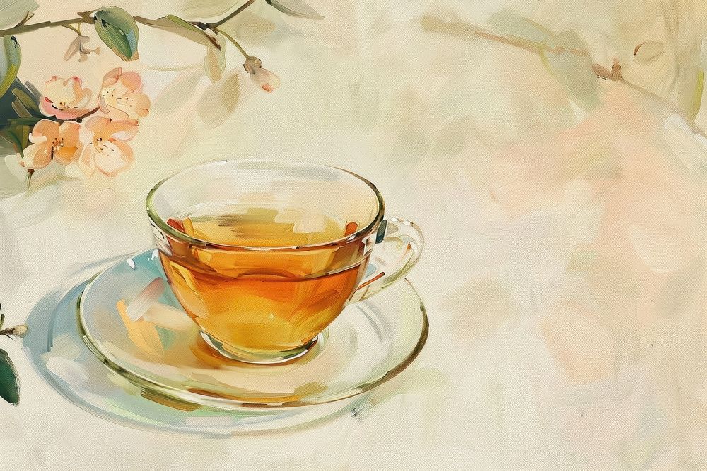 Oil painting of a close up on pale tea saucer drink cup.