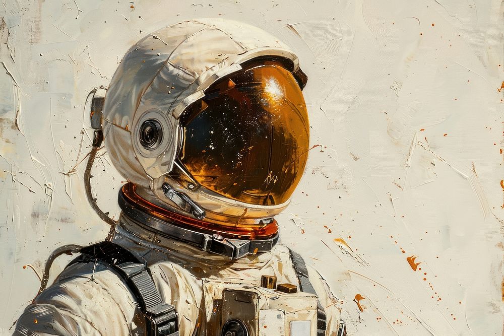 Oil painting of a close up on pale astronaut helmet protection headwear.