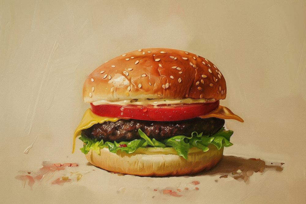 Oil painting of a close up on pale burger food hamburger vegetable.