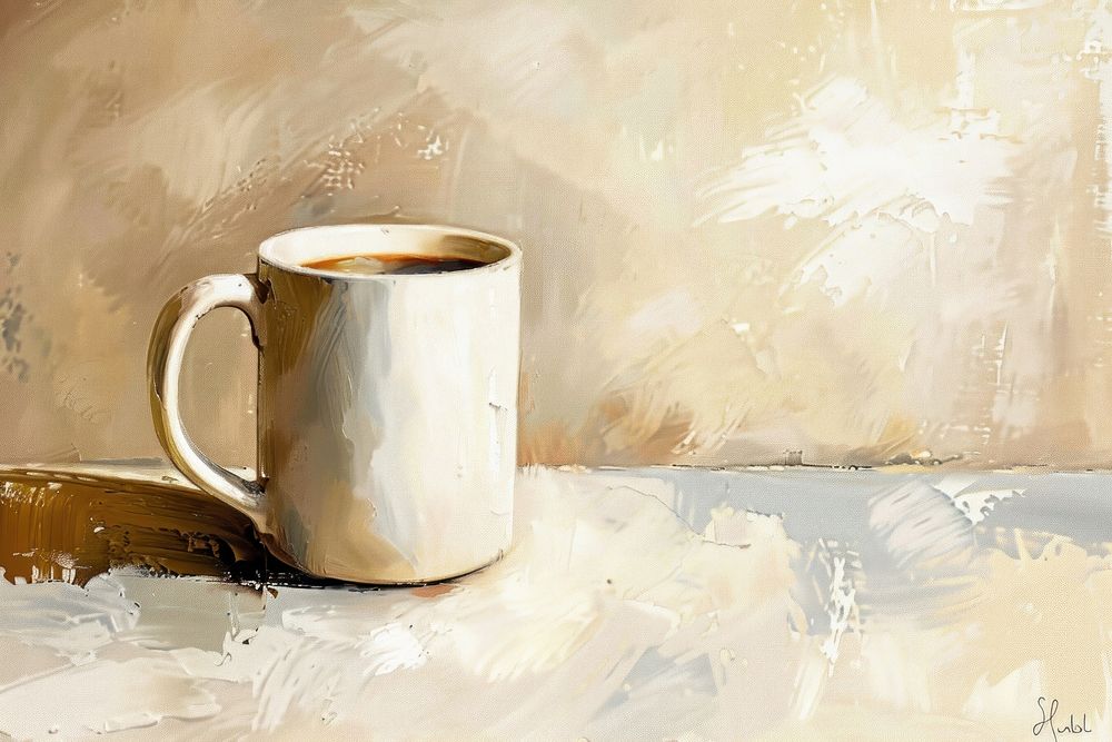 Oil painting of a close up on pale mug coffee drink cup.