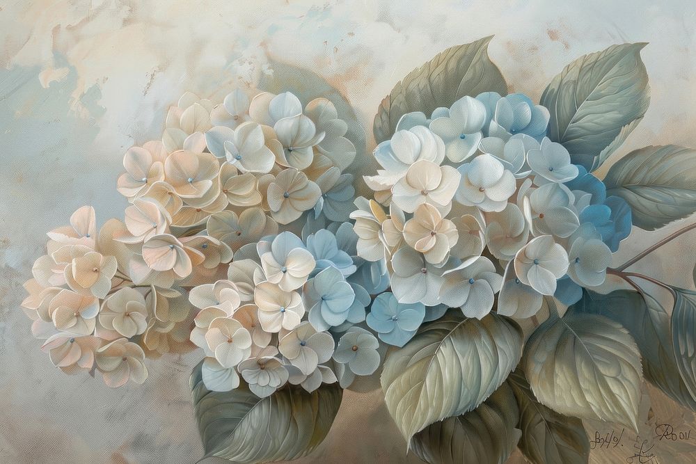 Oil painting of a close up on pale hydrangea pattern flower plant.