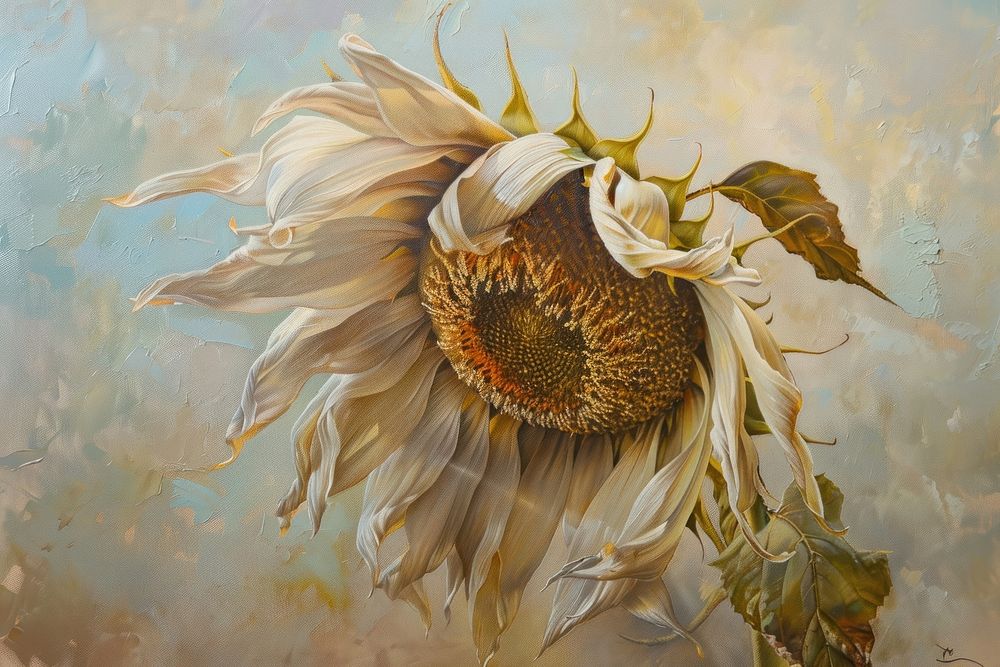 Oil painting of a close up on pale sunflower plant art inflorescence.