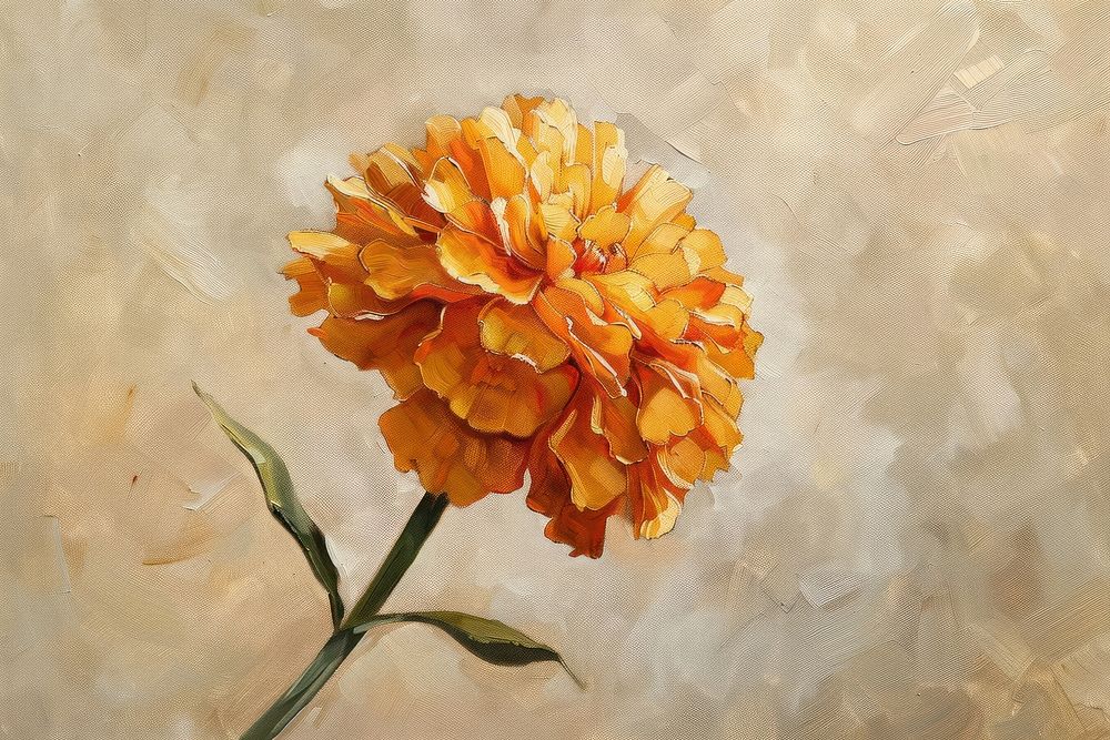 Oil painting of a close up on pale marigold flower petal plant.