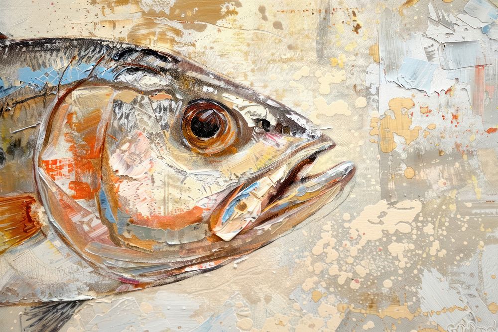 Oil painting of a close up on pale fish backgrounds drawing animal.