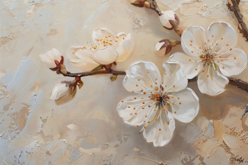 Oil painting of a close up on pale cherry blossom flower petal plant.