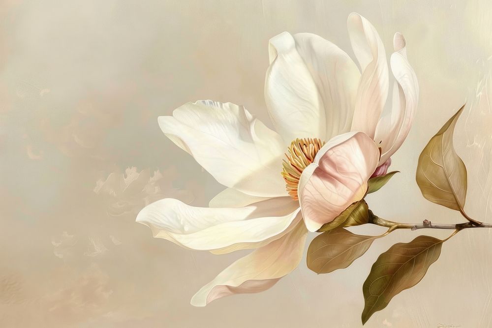 Oil painting of a close up on pale flower blossom petal plant.
